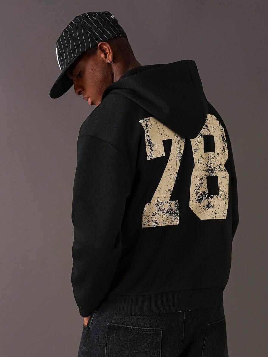 STYNVO Men's Autumn/Winter Numeric Print Zip-Up Hooded Casual Sweatshirt - Black - View 1