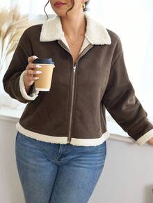 SHEIN Frenchy 加大码女式毛茸茸夹克，日常百搭深棕色保暖内衬厚外套，适合秋冬外出