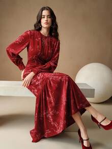 Anewsta 新款优雅复古丝绒提花泡泡袖鱼尾连衣裙，适合秋季、冬季、春季、新年、派对、婚礼等场合，优雅、别致、时尚，圣诞节穿着也十分合适。 - 紅色 - 查看 3