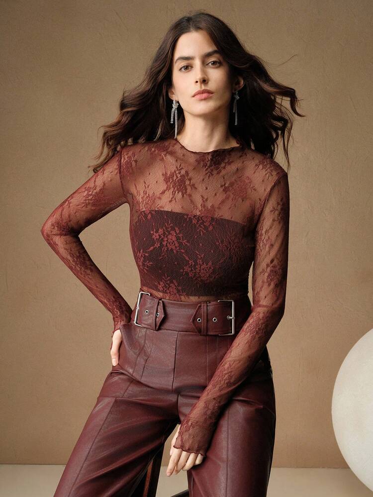 Women's Lace See-Through Thumb Hole Elegant Top, Suitable For Holiday Party