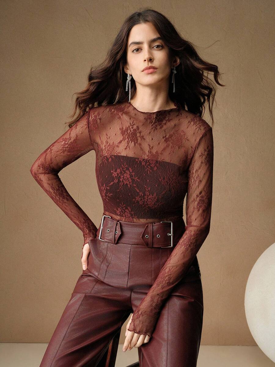 Anewsta Women's Lace See-Through Thumb Hole Elegant Blouse, Suitable For Holiday Party Outfits - Burgundy - View 1