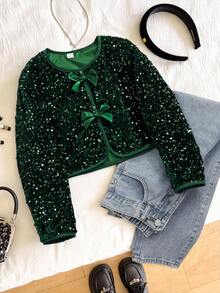 Tween Girl Sequin Patchwork Bow Decor Round Neck Long Sleeve Jacket - Dark Green - View 2