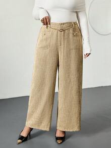 Firerie Pantalones casuales elegantes a juego para mujer de talla grande con cadena metálica y decoración de botones, adecuados para el trabajo, la oficina, el transporte, otoño/invierno - Caqui - Ver 4