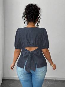 SHEIN Elenzya Plus Size Casual Shirt With Unique Back Tie Design - Dark Grey - View 2