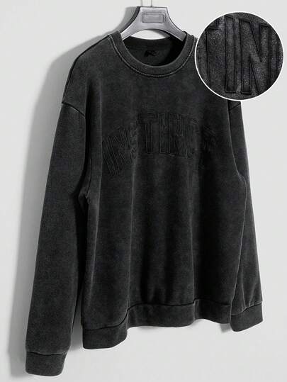 Chillumni 남성 캐주얼 워싱 레터 자수 풀오버 스웨트셔츠, 가을 크루넥 그런지 스웨트셔츠 워싱 스웨트셔츠 애시드 워시 스웨트셔츠 스웨트셔츠 크루넥 워싱 스웨트셔츠