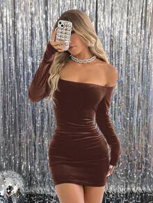 SHEIN EZwear 女士优雅天鹅绒露肩连衣裙，深棕色，秋冬 - 棕色 - 查看 6