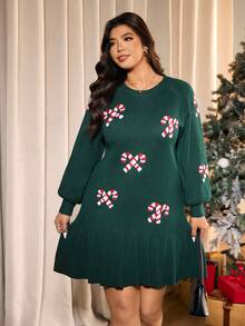 Elaquor Plus Size Women Candy Cane Pattern Ruffle Hem Sweater Dress, Autumn/Winter,Christmas - Green - View 5