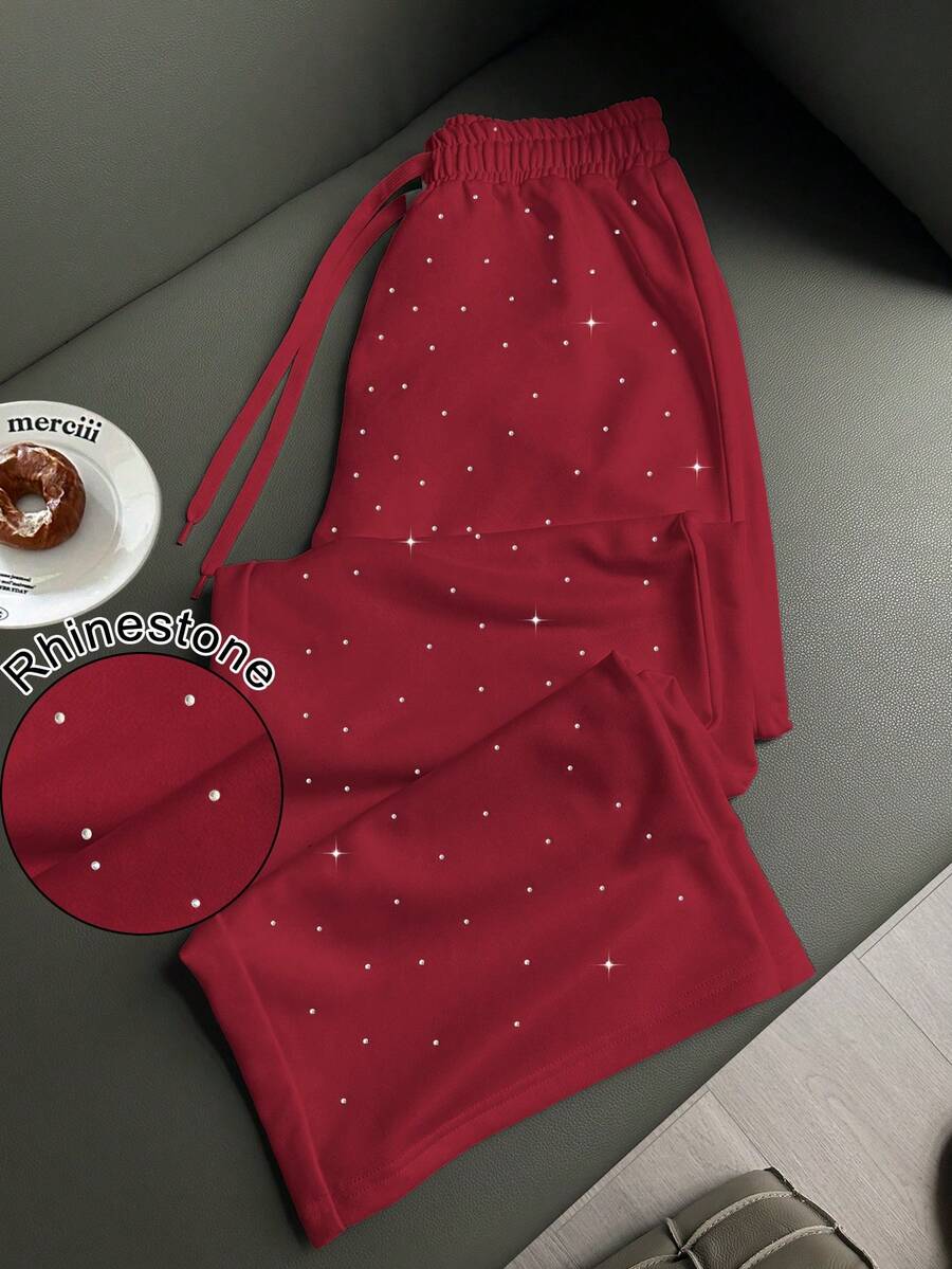 EMERY ROSE Women's Fashion Rhinestone Embellished High Waist Drawstring Loose Fit Straight Leg Sweatpants - Red - View 1