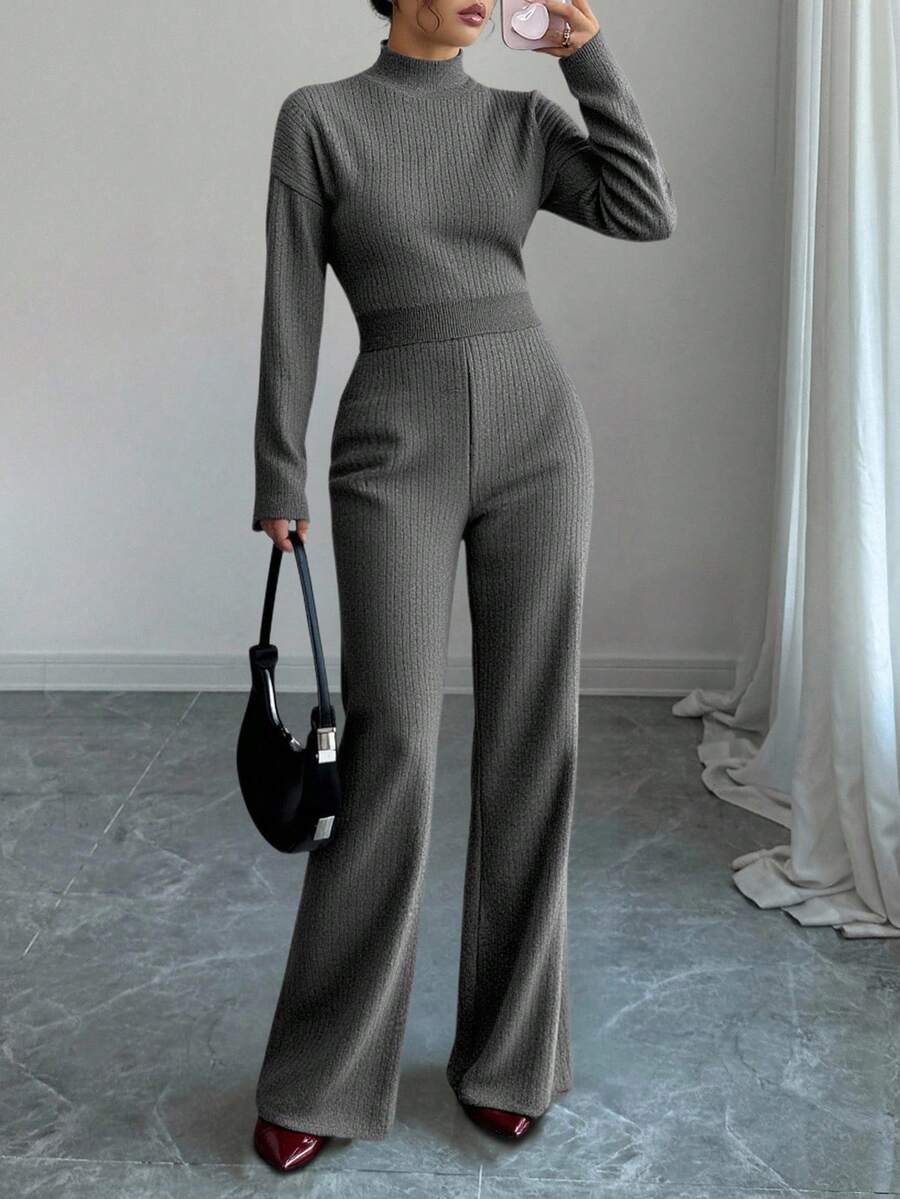 EURMUSE 炭灰色罗纹针织短款高领上衣和阔腿休闲裤套装 - 深灰色 - 查看 1