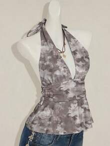 SHEIN ICON Halter Deep V-Neck Cinched Waist A-Line Backless Vintage Camo Tie-Dye Print Chic Y2K Camisole
