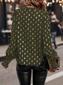 SHEIN LUNE Chemise à manches longues décontractée pour femmes avec imprimé de points dorés et col cranté, automne - Militaire verte - Voir 2