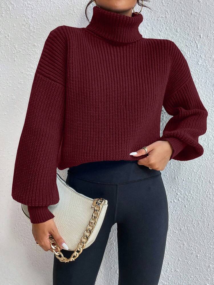 Celisse Solid Color Turtleneck Ribbed Knit Casual Long Sleeve Pullover Sweater - Rose Red - View 6