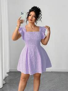 Elenzga Đầm suông tay phồng cổ vuông màu trơn cỡ lớn, eo nhún bèo sang trọng - Màu tím - Xem 7