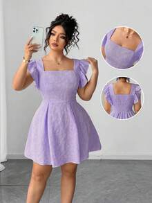 Elenzga Đầm suông tay phồng cổ vuông màu trơn cỡ lớn, eo nhún bèo sang trọng - Màu tím - Xem 8