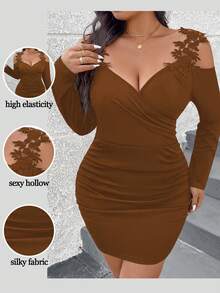 SHEIN Clasi Plus Size Solid Color Minimalist Daily Wear Off-Shoulder Long Sleeve Dress - Yellow - View 3