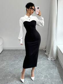SHEIN PETITE Black & White Patchwork Contrast Color Long Sleeve Fitted Midi Shirt Dress, Slimming & Bodycon Maxi Women Outfit