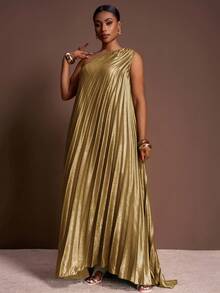 Veslaya 春夏秋季新款优雅派对、约会、毕业季、生日派对、连衣裙、聚会、婚礼季、宴会、性感、宽松无袖单肩、单侧高开衩、亮面面料、全身褶裥、大码长裙 - A - 金色 - 查看 5