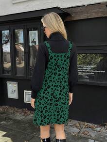 EMERY ROSE 女式豹纹口袋休闲可调节肩带套头连衣裙 - 綠色 - 查看 2