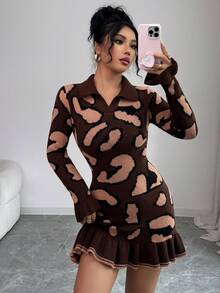 Elenzga 秋冬时尚豹纹荷叶边下摆修身设计女式毛衣连衣裙 - 咖啡棕 - 查看 6