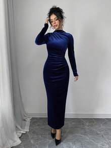 Elenzga Women Elegant Velvet Asymmetric Ruffle Split Hem Dress Burgundy Maxi Women Outfit - Navy Blue - View 4