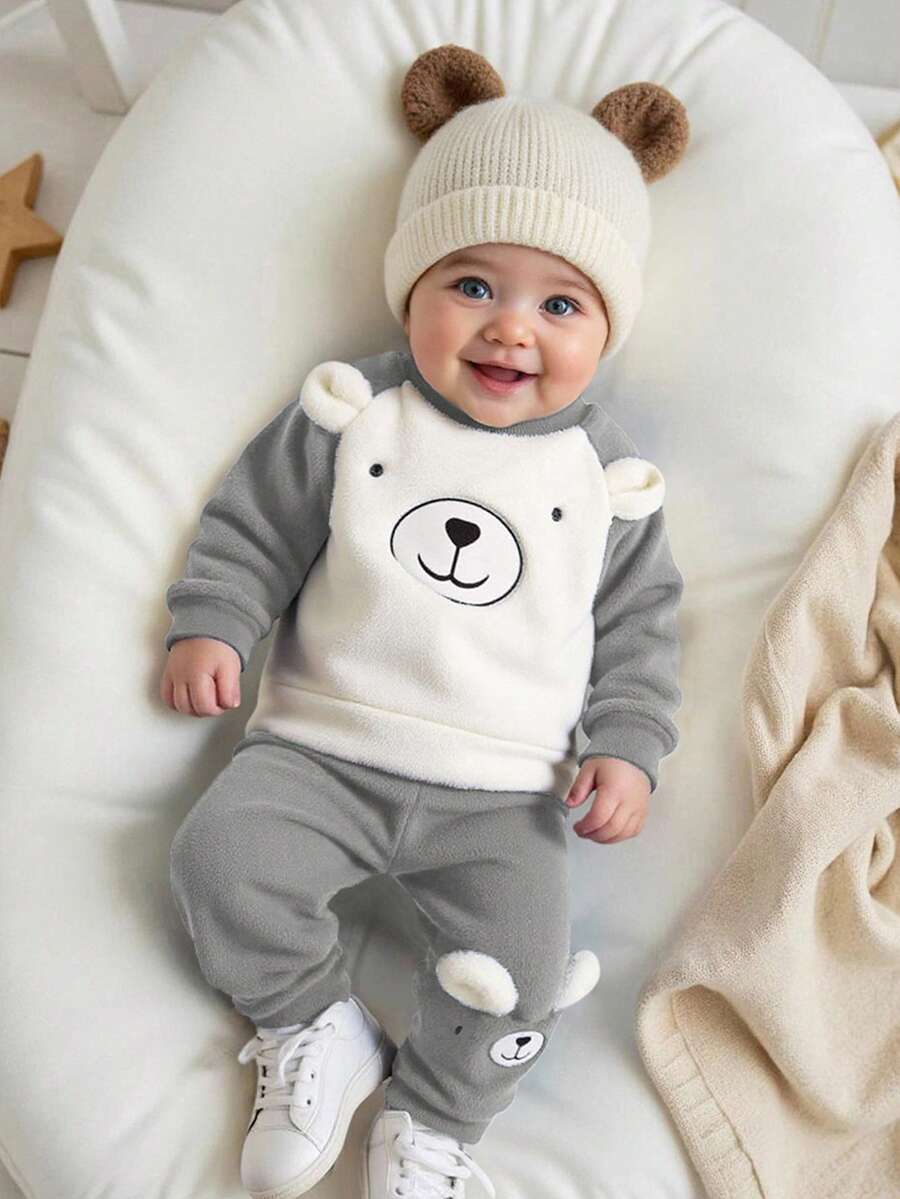 SHEIN Vintaside Kids 幼儿男童可爱熊图案长袖上衣和裤子套装，蓝白撞色，适合日常穿着，室内外，秋冬