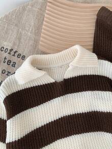 SHEIN 2件套少女条纹V领休闲毛衣和紧身裤套装 - 棕色 - 查看 6