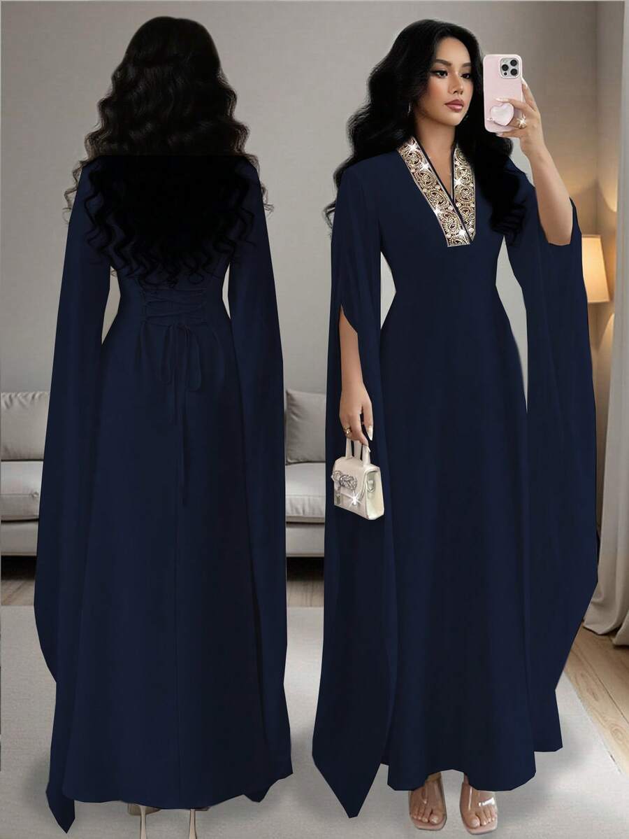 Rafferiza Women's Solid Color Elegant Dignified V-Neck Embroidered Collar Split Long Sleeve Maxi Dress, Suitable For Banquet, Daily Wear, Simple - Navy Blue - View 1