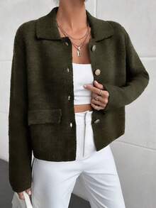 EURMUSE Casual Versatile Solid Color Cardigan, Autumn/Winter - Army Green - View 4