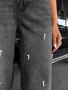 SHEIN Cottnline Women Petite High Waist Pearl Detail Casual Straight Denim Jeans - Light Grey - View 7