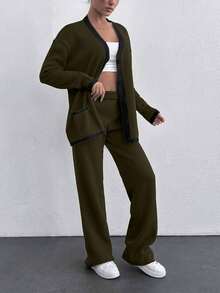 EURMUSE Women 2pcs Set Contrast Color Long Sleeve Button Cardigan And Long Knitted Pants, Casual,Petite,Winter Clothes - Army Green - View 4