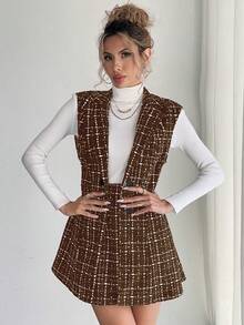 Elyressa 女士休闲无袖夹克和裙子套装，秋季 - 巧克力棕 - 查看 6