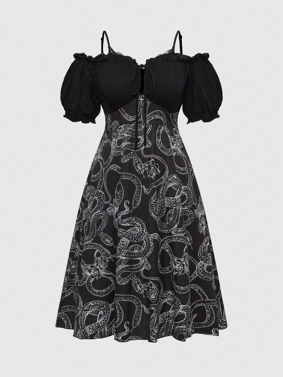 ROMWE Goth Vestido de Manga Curta Plus Size para Mulher em Estilo Gótico Off-Shoulder em Renda e com Bloco de Cores de Estampa de Cobra - Preto - Ver 1