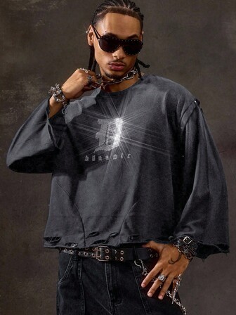 Street Life Camiseta de manga larga con estampado de diamantes desgastados para hombre, corte holgado y acortado