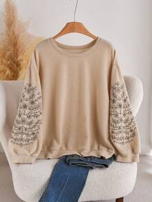 CosyJoli Tricou casual cu guler rotund, pulover, texturat, cu nervuri, brodat, mărime plus - Cămilă - Vizualizare 1