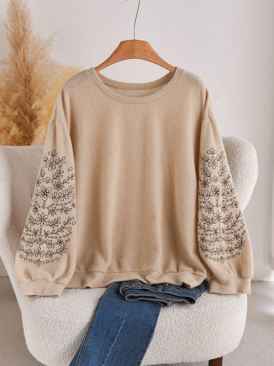 CosyJoli Tricou casual cu guler rotund, pulover, texturat, cu nervuri, brodat, mărime plus - Cămilă - Vizualizare 1