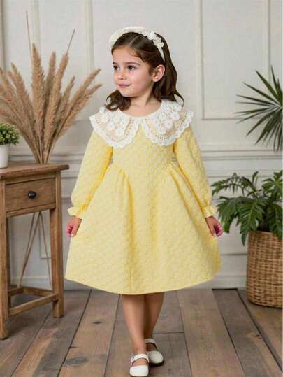 SHEIN Vintaside Kids 女孩甜美公主风格刺绣彼得潘领长袖不对称下摆提花面料连衣裙，时尚派对、生日、节日，适合所有季节