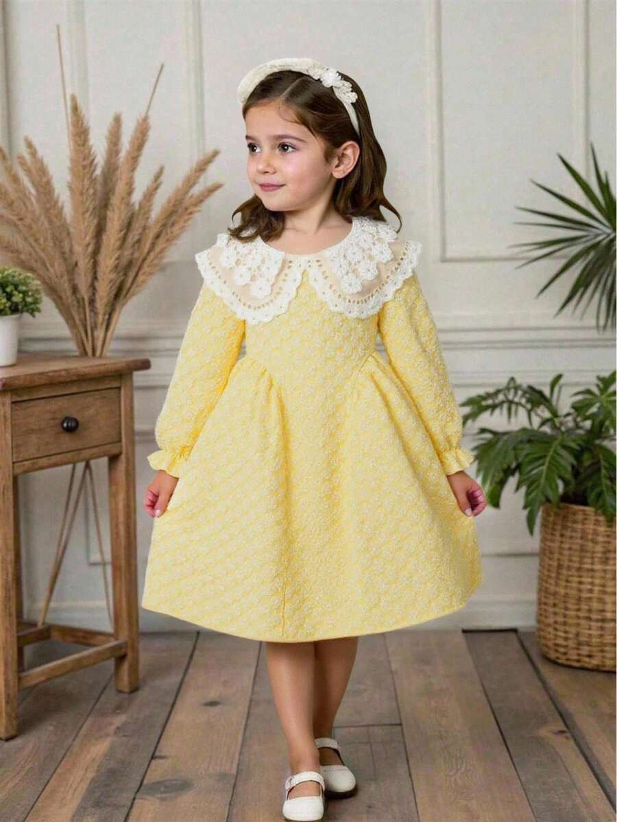 SHEIN Vintaside Kids 女孩甜美公主风格刺绣彼得潘领长袖不对称下摆提花面料连衣裙，时尚派对、生日、节日，适合所有季节