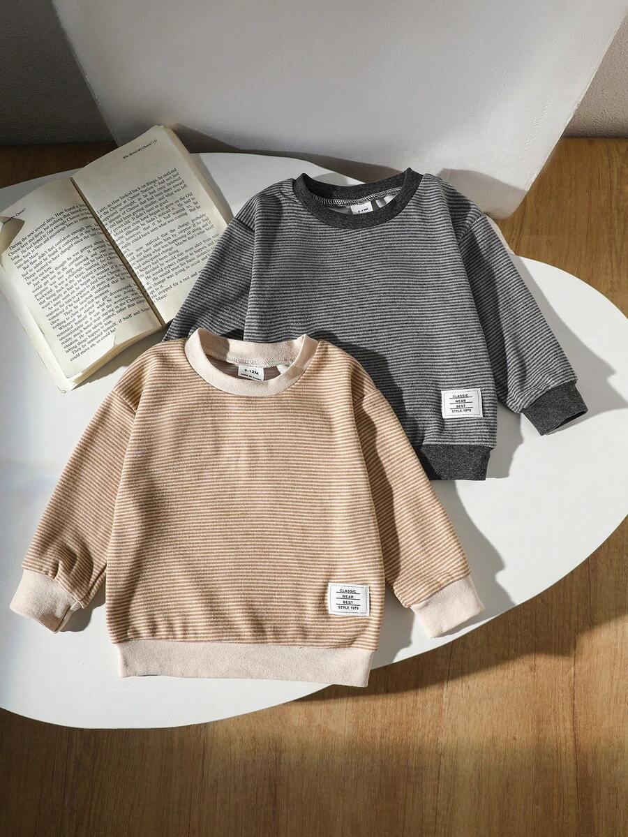 SHEIN Vintaside Kids 男婴休闲条纹圆领上衣，秋季