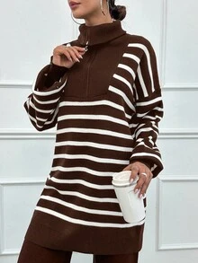 SHEIN Tall 条纹灯笼袖毛衣和针织裤 - 棕色 - 查看 5