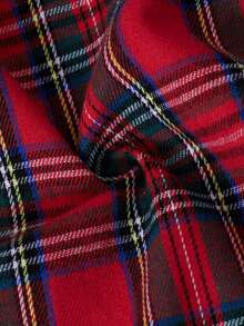 女童荷叶边蝴蝶结蕾丝领格子连衣裙，适合春秋季 - 紅色 - 查看 4