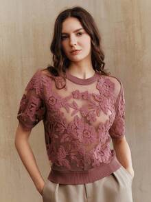Anewsta 女式秋季花卉网眼圆领短袖针织上衣春季女装 - 中紫紅色 - 查看 4