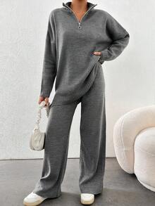 EURMUSE Women's Loose Casual Knit Sweater 2pcs/Set - Dark Grey - View 6
