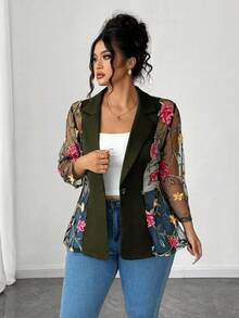 Elenzga 大码女式时尚网眼拼布花卉刺绣单排扣西装外套 - 軍綠色 - 查看 3