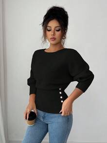 Elenzga Damen neue Herbst/Winter Einteiler Design Fledermausärmel hochwertig geknöpfter minimalistischer Alltagspullover mit Langarm