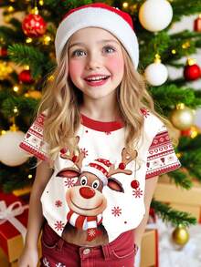 SHEIN Camiseta infantil Happikins para celebração de Natal, vermelha natalina, com estampa fofa de rena de desenho animado, flocos de neve em degradê, estampa Fair Isle com urso e rena, ideal para combinar com a família, presente de Natal, clima natalino, camiseta casual minimalista de manga curta e gola redonda, perfeita para o verão, todas as estações, para usar em casa e para festas de Natal. - Multicolorido - Ver 3