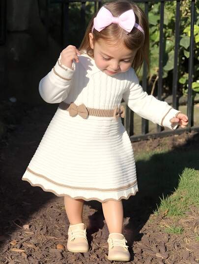 Souflis Souflis Baby Girls Are Casual And Cute. They Are White With Bows And Patterns, Knitted Middle Eastern Long-Sleeved Dresses. They Are Soft And Comfortable, Suitable For Daily Occasions, Outdoor Occasions, Travel Scenes, Vacation Scenes, Home Scenes, Nursery Scenes, And Children Playing. They Are Suitable For Autumn And Winter, Christmas, School Opening, And Parties. They Are Versatile For Autumn And Winter Clothing And Baby Girls Clothes