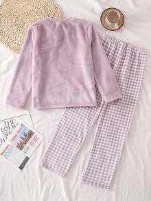 Girls' Purple Plaid Fleece Long Sleeve Top And Pants Comfortable Pajama Set - Mauve Purple - View 2