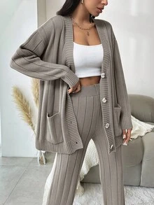 EURMUSE Women's Oversized Cardigan And Knit Pants Set - Grey - View 5
