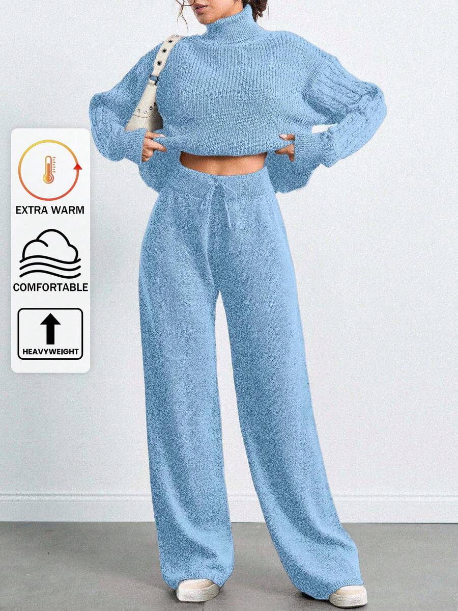 SHEIN Tall 高領落肩袖毛衣與長褲套裝,女款套裝,小碼套裝,套裝,小碼,冬季衣物,高個子女性 - 淺藍色 - 查看 1