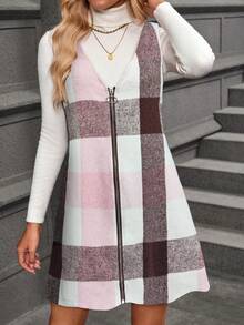 EMERY ROSE Vestido chaleco con cuello en V y cremallera a cuadros para mujer, otoño/invierno